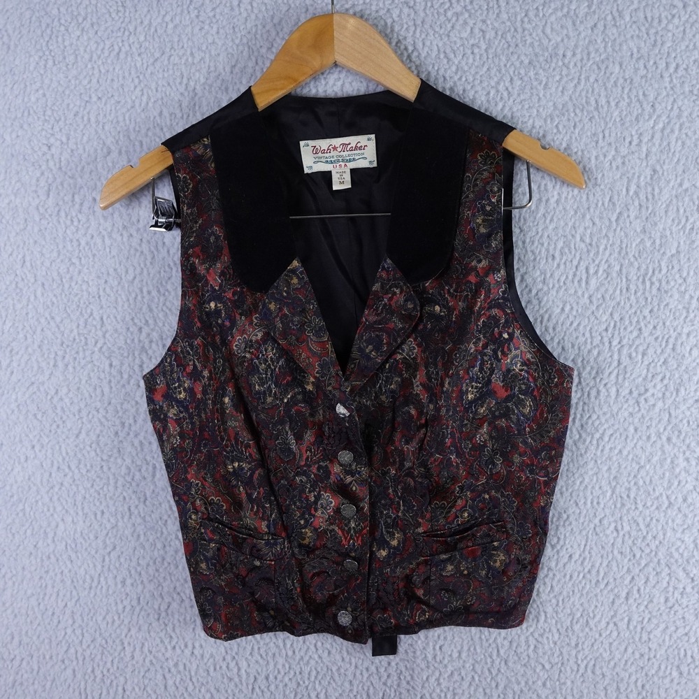 Wah Maker Vintage Collection Mens Paisley Tapestry Vest Velvet Collar Red Blue M